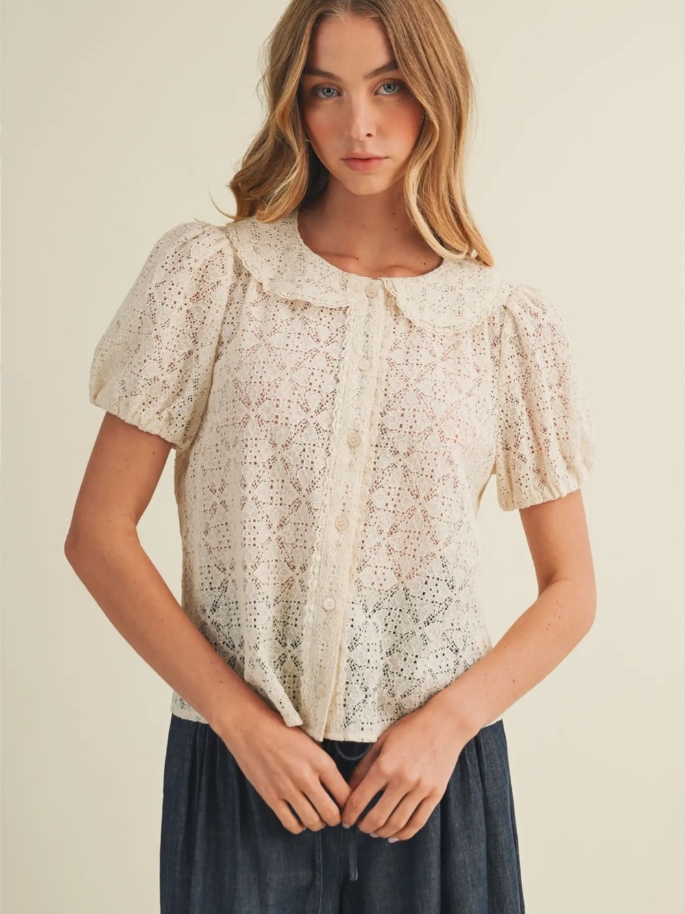 Lace Button-Front Puff Sleeve Top - Cream